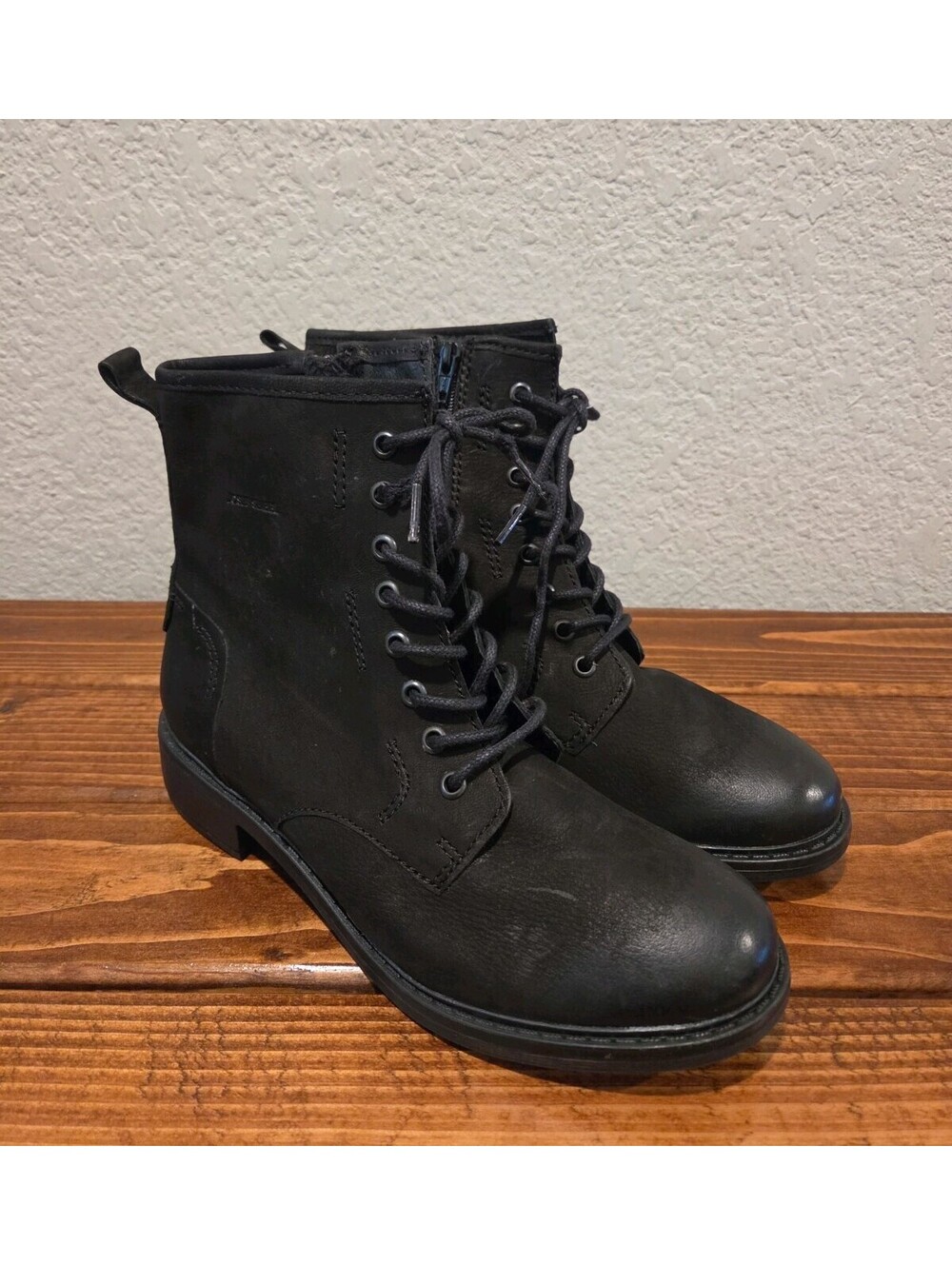Josef Seibel Selena Combat Boot Womens 38 US 7 Black Nubuck Waterproof Ankle Zip